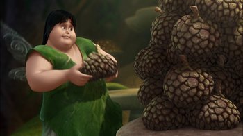 Movie still from “Tinker Bell” (2008), directed by Bradley Raymond – A woman in a green dress holding a bunch of pineapples; Medium shot, High angle