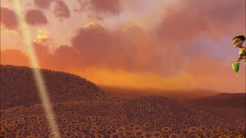 Movie still from “Tinker Bell” (2008), directed by Bradley Raymond – An oil painting of an orange sky over a field of sunflowers; Extreme Wide shot, High angle