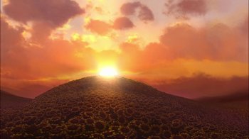 Movie still from “Tinker Bell” (2008), directed by Bradley Raymond – The sun is setting over a hill of grass and bushes; Extreme Wide shot, Low angle