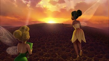 Movie still from “Tinker Bell” (2008), directed by Bradley Raymond – Two cartoon characters looking out at the sunset; Extreme Wide shot, Low angle