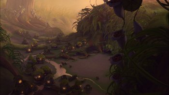 Movie still from “Tinker Bell” (2008), directed by Bradley Raymond – An artistic painting of a garden with plants and flowers; Extreme Wide shot, High angle