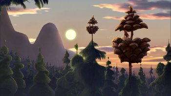 Movie still from “Tinker Bell” (2008), directed by Bradley Raymond – An artistic rendering of a forest with a mountain in the background; Extreme Wide shot, Low angle