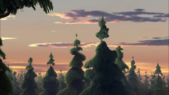 Movie still from “Tinker Bell” (2008), directed by Bradley Raymond – A bunch of trees that are next to each other; Extreme Wide shot, Low angle