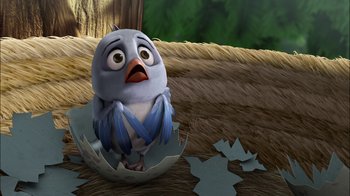 Movie still from “Tinker Bell” (2008), directed by Bradley Raymond – An animated bird sitting in an egg shell on the ground; Close Up shot, High angle