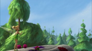 Movie still from “Tinker Bell” (2008), directed by Bradley Raymond – A view of some trees and some flowers on the ground; Extreme Wide shot, Low angle