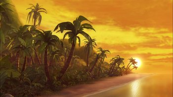 Movie still from “Tinker Bell” (2008), directed by Bradley Raymond – A painting of a tropical beach at sunset with palm trees; Extreme Wide shot, Low angle