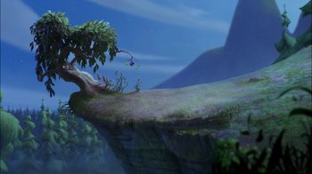 Movie still from “Tinker Bell” (2008), directed by Bradley Raymond – A tree sitting on top of a cliff next to water; Extreme Wide shot, Low angle