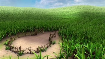 Movie still from “Tinker Bell” (2008), directed by Bradley Raymond – An image of a grassy field with a path in the middle of it; Extreme Wide shot, High angle