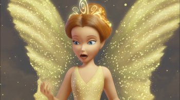 Movie still from “Tinker Bell” (2008), directed by Bradley Raymond – An animated picture of a girl with a yellow dress; Close Up shot, Low angle