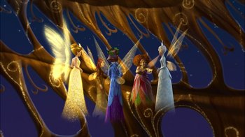 Movie still from “Tinker Bell” (2008), directed by Bradley Raymond – A group of fairies standing next to each other; Wide shot, Low angle