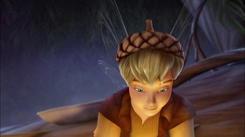 Movie still from “Tinker Bell” (2008), directed by Bradley Raymond – A boy is wearing a hat with a pinecone on it's head; Close Up shot, High angle