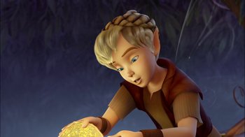 Movie still from “Tinker Bell” (2008), directed by Bradley Raymond – A cartoon of a boy with blonde hair holding a yellow object; Medium shot, High angle