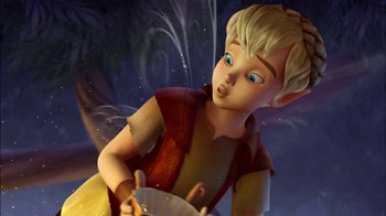 Movie still from “Tinker Bell” (2008), directed by Bradley Raymond – A young boy with blonde hair and blue eyes holding a bowl; Medium shot, High angle