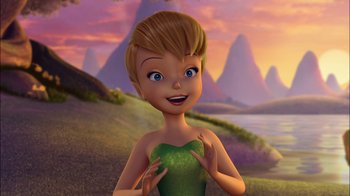 Movie still from “Tinker Bell” (2008), directed by Bradley Raymond – A cartoon of tinkerbell standing in front of mountains; Medium shot, Low angle