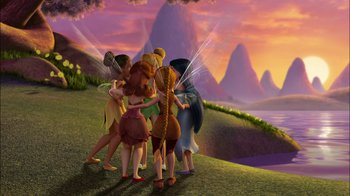 Movie still from “Tinker Bell” (2008), directed by Bradley Raymond – A group of people standing on top of a grass covered hill; Extreme Wide shot, Low angle