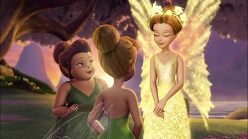 Movie still from “Tinker Bell” (2008), directed by Bradley Raymond – A group of three young girls standing next to each other; Medium shot, Over the shoulder angle