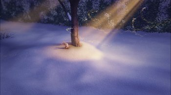 Movie still from “Tinker Bell” (2008), directed by Bradley Raymond – A tree in the middle of a snowy field with sunlight coming through the trees; Extreme Wide shot, High angle
