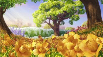 Movie still from “Tinker Bell” (2008), directed by Bradley Raymond – A field of flowers with a tree in the background; Extreme Wide shot, Low angle