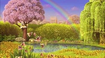 Movie still from “Tinker Bell” (2008), directed by Bradley Raymond – A painting of a rainbow over a pond; Extreme Wide shot, High angle