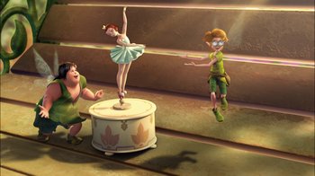 Movie still from “Tinker Bell” (2008), directed by Bradley Raymond – A group of people standing next to each other on a stage; Wide shot, Low angle