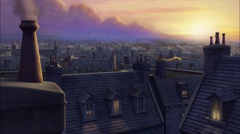 Movie still from “Tinker Bell” (2008), directed by Bradley Raymond – A view of a city from a distance at sunset; Extreme Wide shot, Low angle