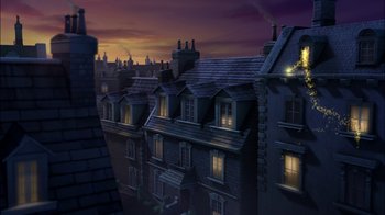 Movie still from “Tinker Bell” (2008), directed by Bradley Raymond – An image of a night scene of a city; Extreme Wide shot, High angle