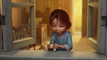 Movie still from “Tinker Bell” (2008), directed by Bradley Raymond – A little girl is holding a glass of milk; Medium shot, High angle
