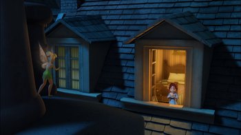 Movie still from “Tinker Bell” (2008), directed by Bradley Raymond – A doll's house with a child looking out of a window; Wide shot, High angle