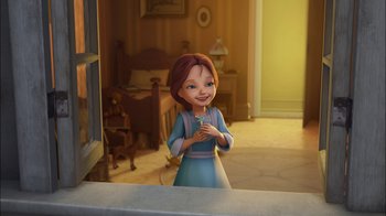 Movie still from “Tinker Bell” (2008), directed by Bradley Raymond – A cartoon of a girl in a blue dress; Medium shot, High angle