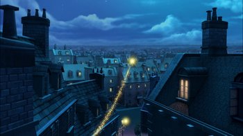 Movie still from “Tinker Bell” (2008), directed by Bradley Raymond – An illustration of a town with a light in the sky; Extreme Wide shot, High angle