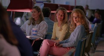 Movie still from “To Die For” (1995), directed by Gus Van Sant – A group of women sitting next to each other; Medium shot, Low angle