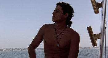 Movie still from “To Die For” (1995), directed by Gus Van Sant – A shirtless man with long hair and a necklace; Medium shot, Low angle