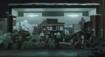 Movie still from “Tokyo Godfathers” (2003), directed by Shôgo Furuya – A room filled with lots of trash and rubble; Extreme Wide shot, High angle