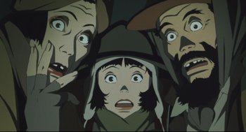 Movie still from “Tokyo Godfathers” (2003), directed by Shôgo Furuya – A group of three people standing next to each other; Close Up shot, Overhead angle