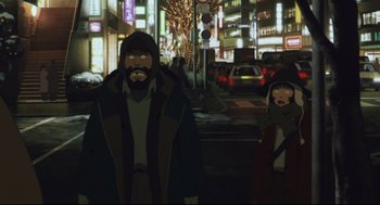 Movie still from “Tokyo Godfathers” (2003), directed by Shôgo Furuya – An animated man and a woman in the street; Medium shot, Low angle