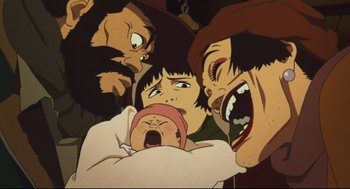 Movie still from “Tokyo Godfathers” (2003), directed by Shôgo Furuya – An animated scene of a group of people holding a baby; Extreme Close Up shot, Overhead angle