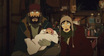 Movie still from “Tokyo Godfathers” (2003), directed by Shôgo Furuya – An animated scene of a man , woman and a baby; Close Up shot, High angle