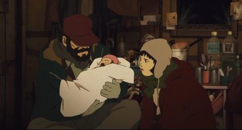 Movie still from “Tokyo Godfathers” (2003), directed by Shôgo Furuya – An animated scene of a man holding a baby and a woman; Medium shot, High angle