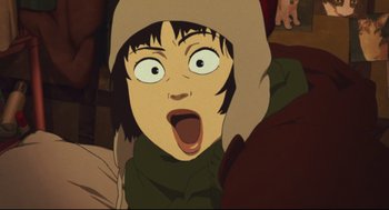 Movie still from “Tokyo Godfathers” (2003), directed by Shôgo Furuya – An animated picture of a person with a surprised face; Extreme Close Up shot, Low angle