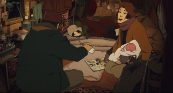 Movie still from “Tokyo Godfathers” (2003), directed by Shôgo Furuya – An animated scene of a woman holding a baby; Wide shot, High angle