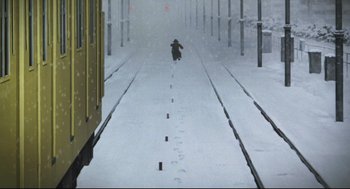 Movie still from “Tokyo Godfathers” (2003), directed by Shôgo Furuya – A person is running down a train track in the snow; Extreme Wide shot, High angle