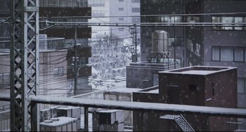 Movie still from “Tokyo Godfathers” (2003), directed by Shôgo Furuya – A view of a city from a window; Extreme Wide shot, High angle