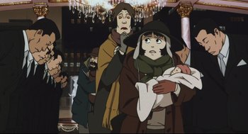 Movie still from “Tokyo Godfathers” (2003), directed by Shôgo Furuya – An animated scene of a woman holding a baby in her arms; Medium shot, Low angle