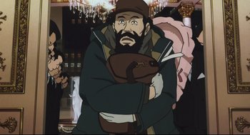 Movie still from “Tokyo Godfathers” (2003), directed by Shôgo Furuya – An animated man with a beard holding something in his hand; Medium shot, Low angle