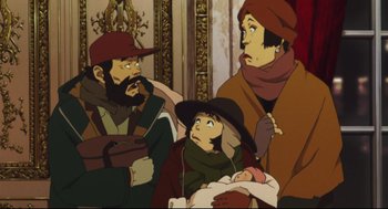 Movie still from “Tokyo Godfathers” (2003), directed by Shôgo Furuya – A group of people standing next to each other in a room; Medium shot, High angle