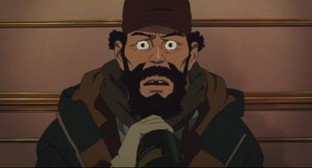 Movie still from “Tokyo Godfathers” (2003), directed by Shôgo Furuya – An animated man with a beard is looking at the camera; Close Up shot, Low angle
