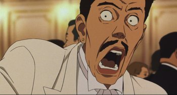 Movie still from “Tokyo Godfathers” (2003), directed by Shôgo Furuya – An image of a man with an open mouth; Extreme Close Up shot, Low angle