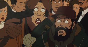 Movie still from “Tokyo Godfathers” (2003), directed by Shôgo Furuya – A group of people that are standing in a room; Extreme Close Up shot, High angle