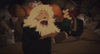Movie still from “Tokyo Godfathers” (2003), directed by Shôgo Furuya – An old man with a beard is holding a bottle of beer; Close Up shot, Low angle