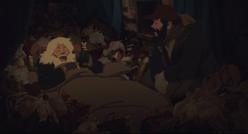 Movie still from “Tokyo Godfathers” (2003), directed by Shôgo Furuya – An animated scene of a man sitting on a bed; Wide shot, Overhead angle
